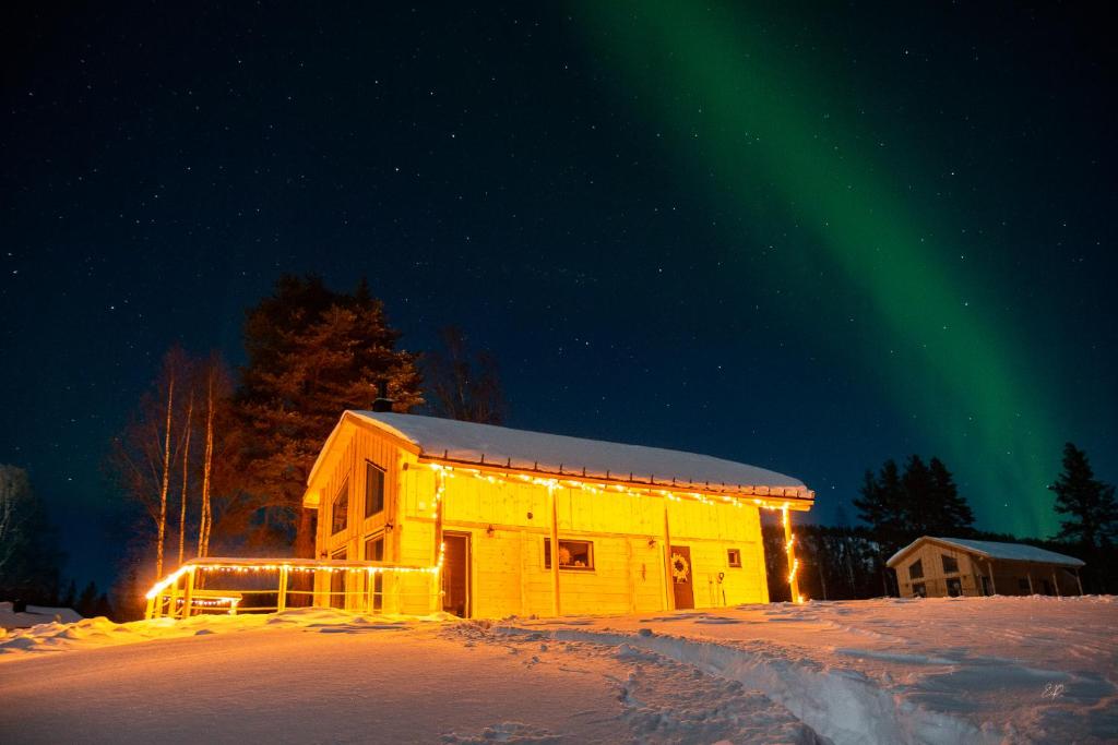 a building with the northern lights in the sky at BLUEBERRY LODGE 5 personnes in Mjölan
