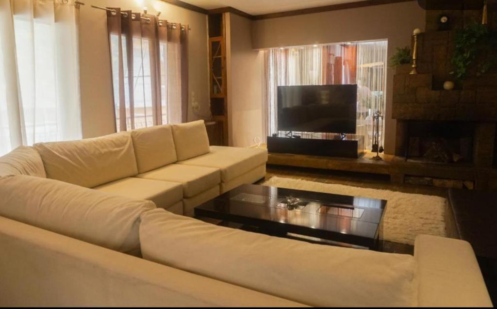 sala de estar con sofá y mesa de centro en Koùros apartment!, en Pireo