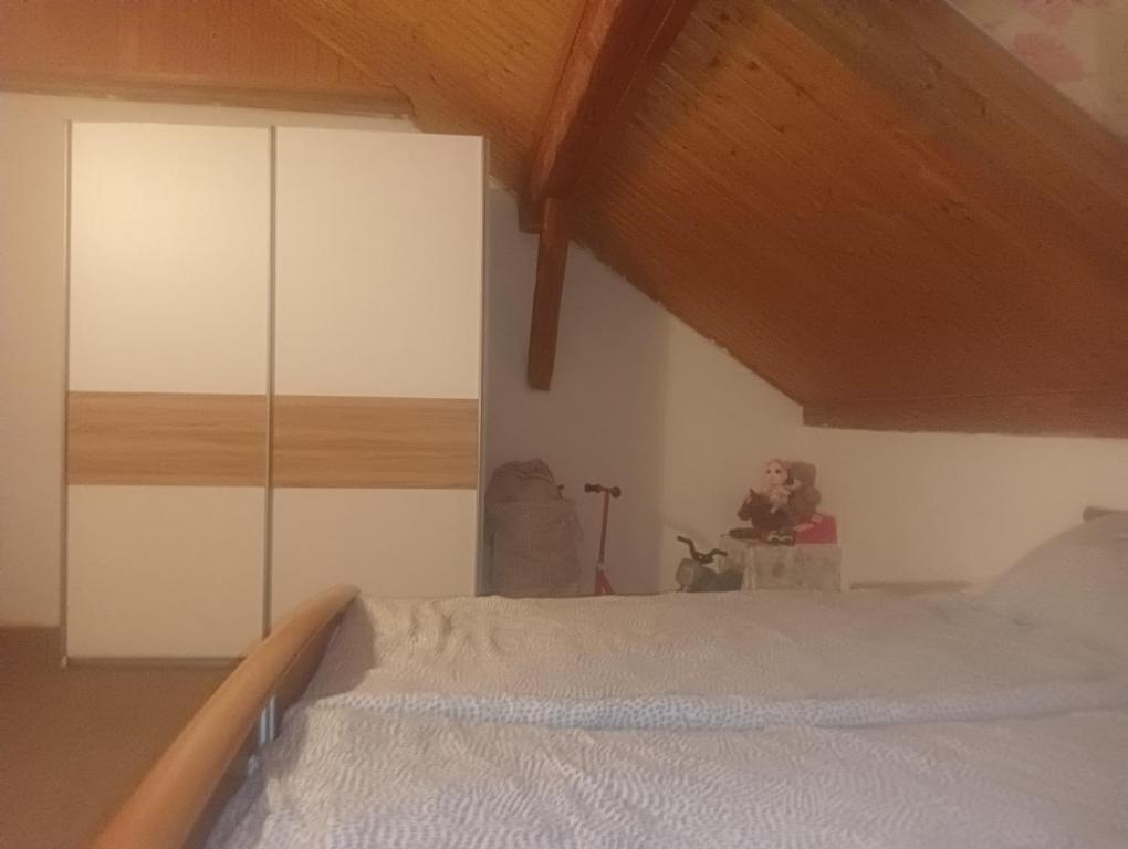 sypialnia z łóżkiem i białą szafką w obiekcie Ubytování Háj w mieście Jindřichovice