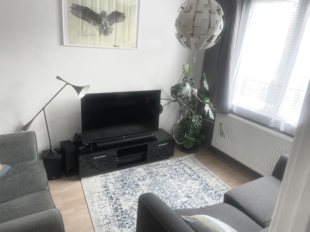 a living room with a couch and a flat screen tv at Entire 2 bedroom house in Hackney in London