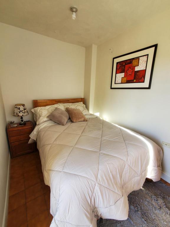 Un dormitorio con una cama blanca y una foto en la pared en Acogedor dormitorio privado en Arequipa