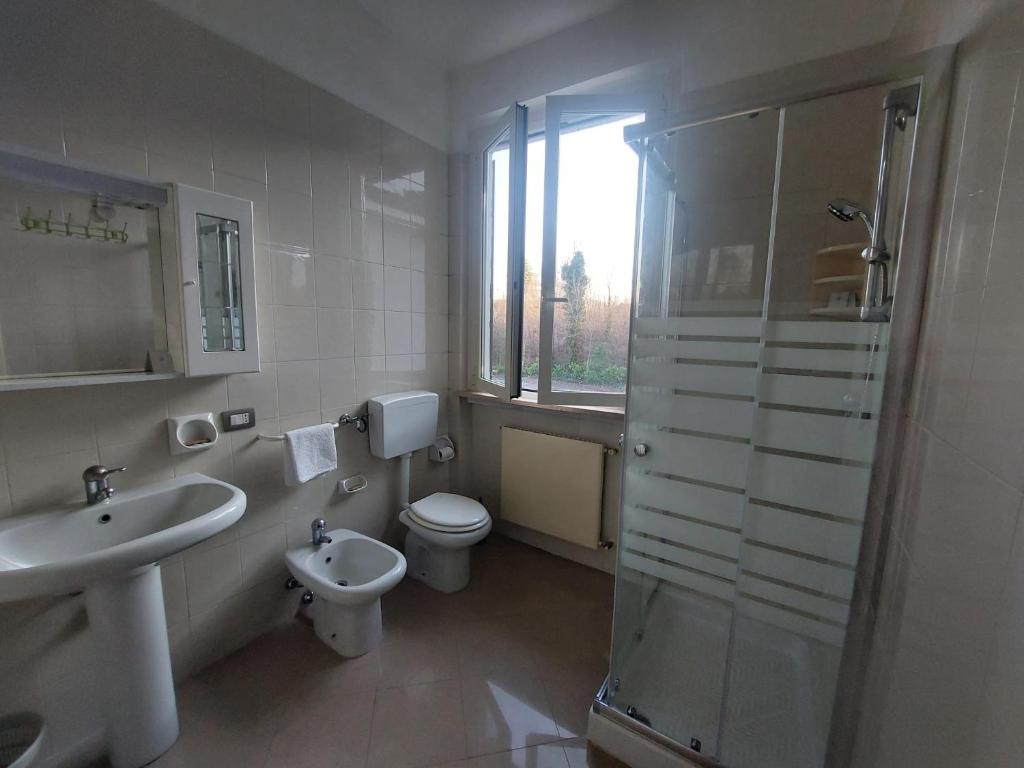 a bathroom with a sink and a toilet and a shower at Il Portichetto in Rivergaro