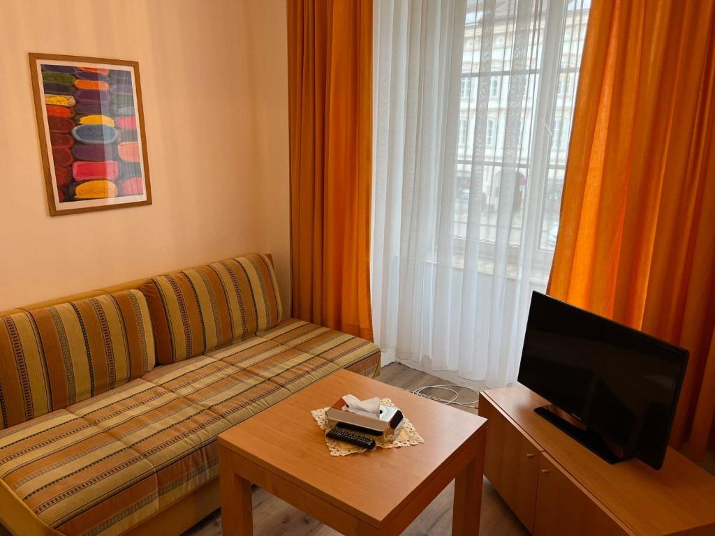 a living room with a couch and a table and a tv at City Hotel Post 12 in Braunau am Inn
