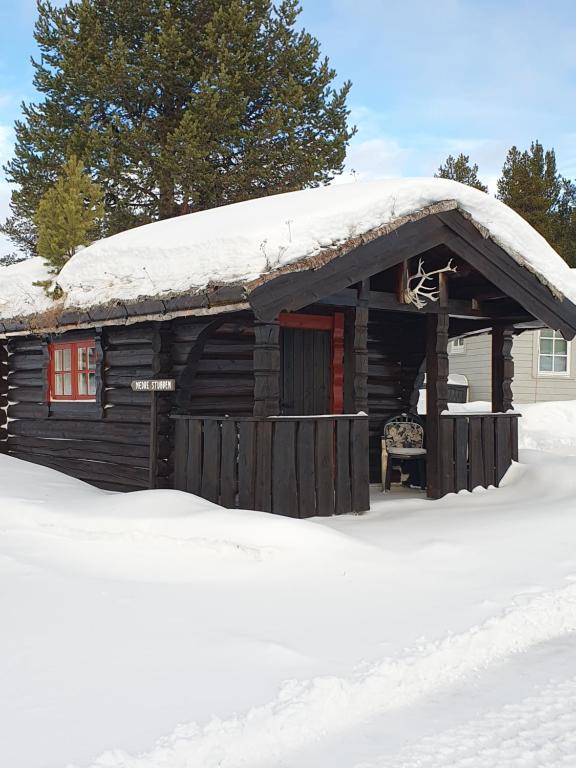Cabaña de madera con techo cubierto de nieve en Bjørgebu Camping AS en Mysusæter