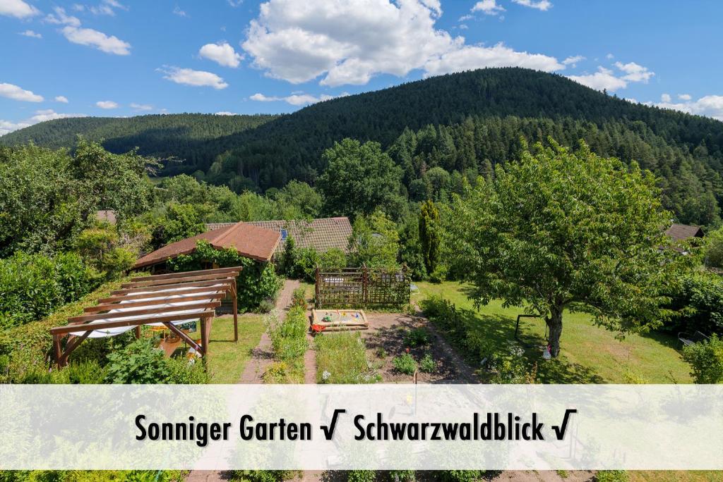 eine Luftansicht auf einen Garten vor einem Berg in der Unterkunft Schindelhäusle Schillerstraße in Alpirsbach