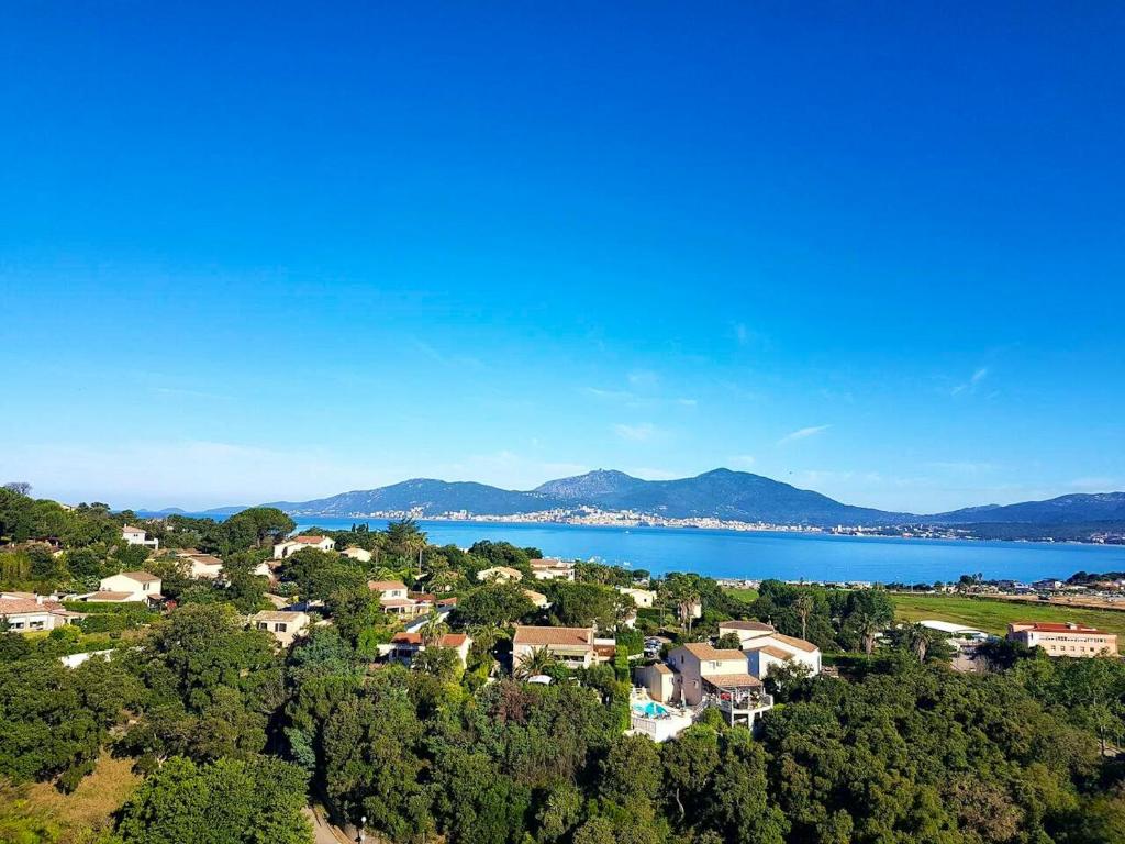 ポルティシオにあるAppartement d'une chambre avec piscine partagee a Grosseto Prugna a 1 km de la plageの町と湖の空中風景