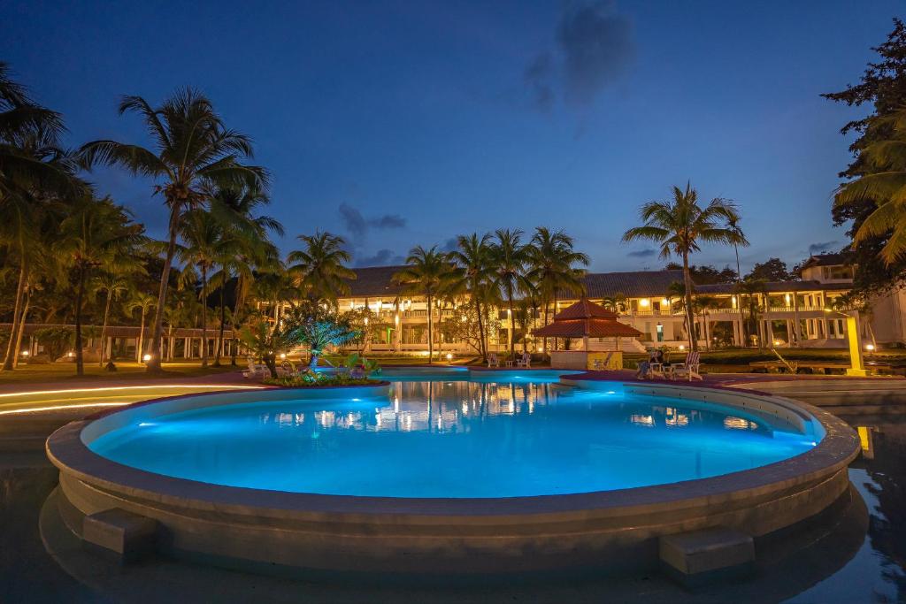 瓜拉丁加奴的住宿－BIDONG VIEW RESORT，棕榈树的夜间大型游泳池