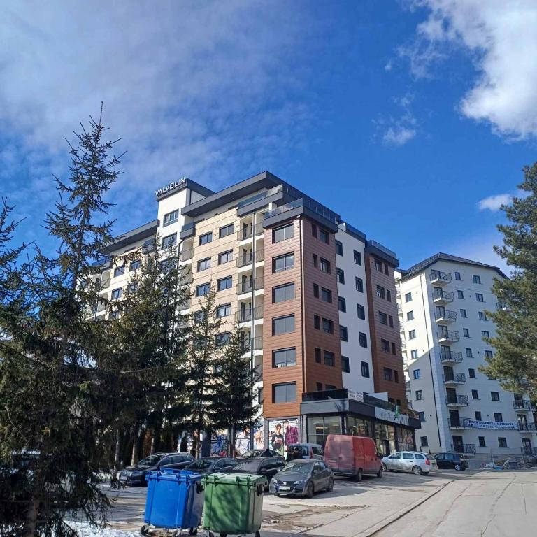 um edifício alto com carros estacionados num parque de estacionamento em Apartman ANJA em Zlatibor