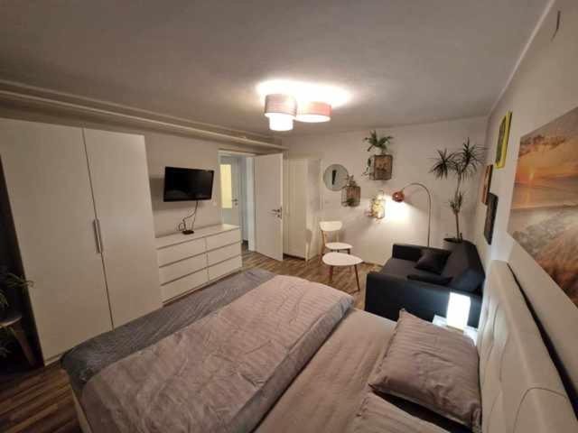 1 dormitorio con 1 cama grande y 1 sofá en Studio Bizjak, en Vrhnika