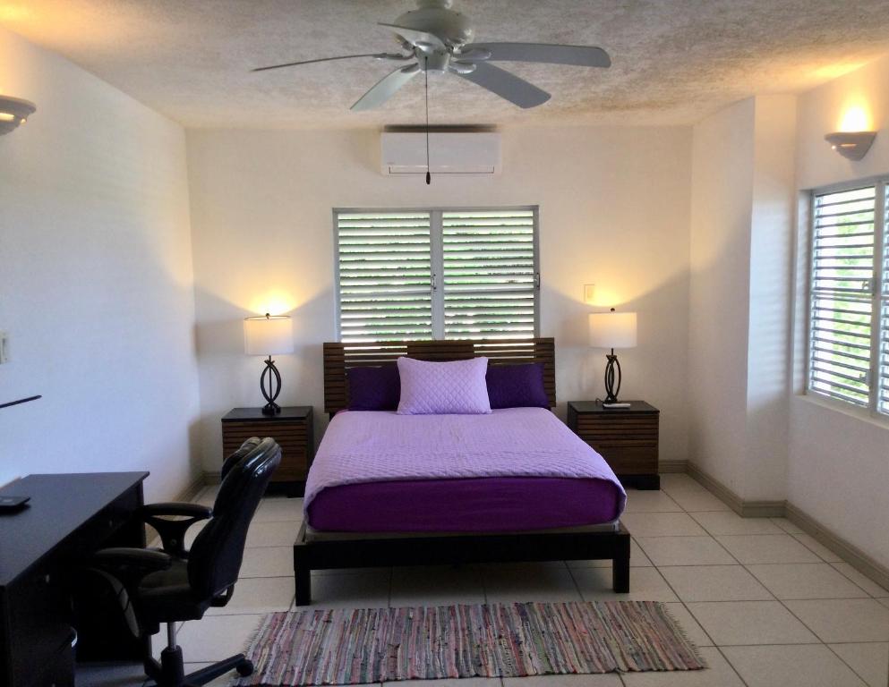 a bedroom with a bed and a desk and a ceiling fan at Breathtaking View Villa in Saint Marks Village