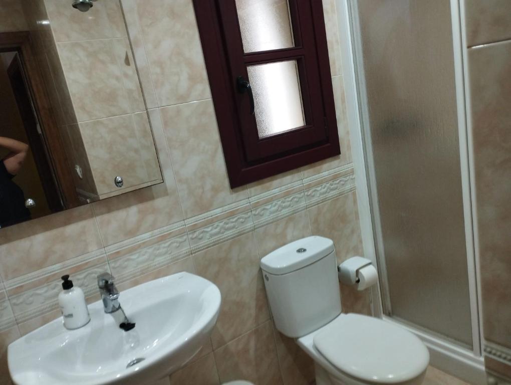 a bathroom with a toilet and a sink and a mirror at La Mina de Viñon in Viñón