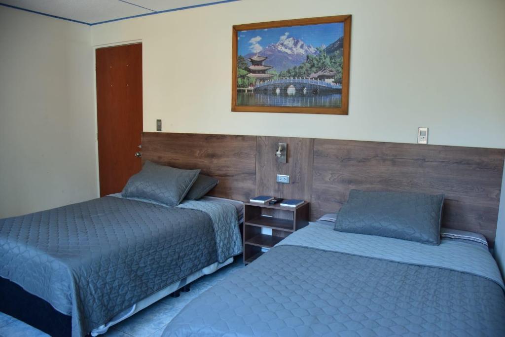 een slaapkamer met 2 bedden en een foto aan de muur bij Hotel La Herradura 
