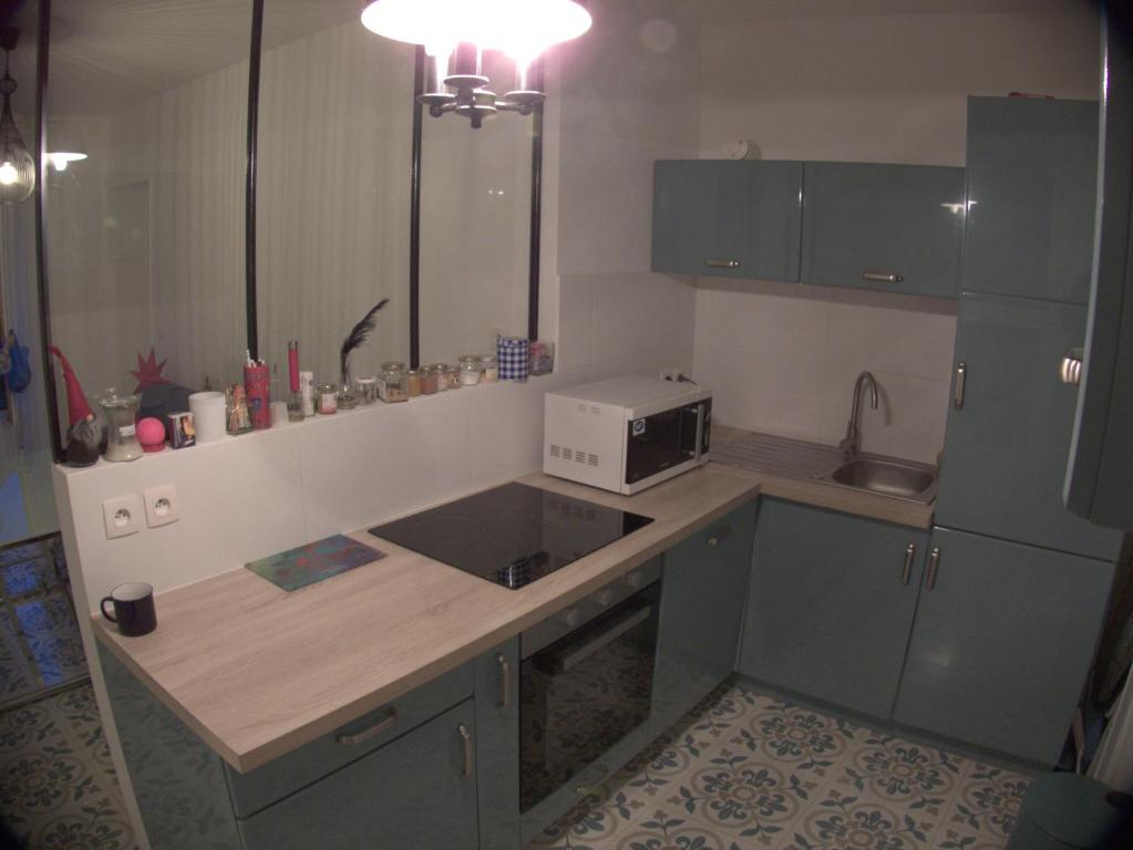 a kitchen with blue cabinets and a sink and a microwave at Beauty of Paris in Paris