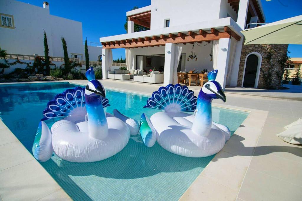 two swans in a swimming pool next to a house at 4 bedrooms house with private pool terrace and wifi at Sant Josep de sa Talaia 3 km away from the beach in Sant Josep de sa Talaia