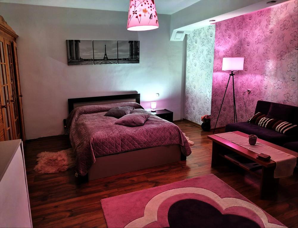 um quarto com uma cama e um sofá em Milu Residence 2 em Ghimbav