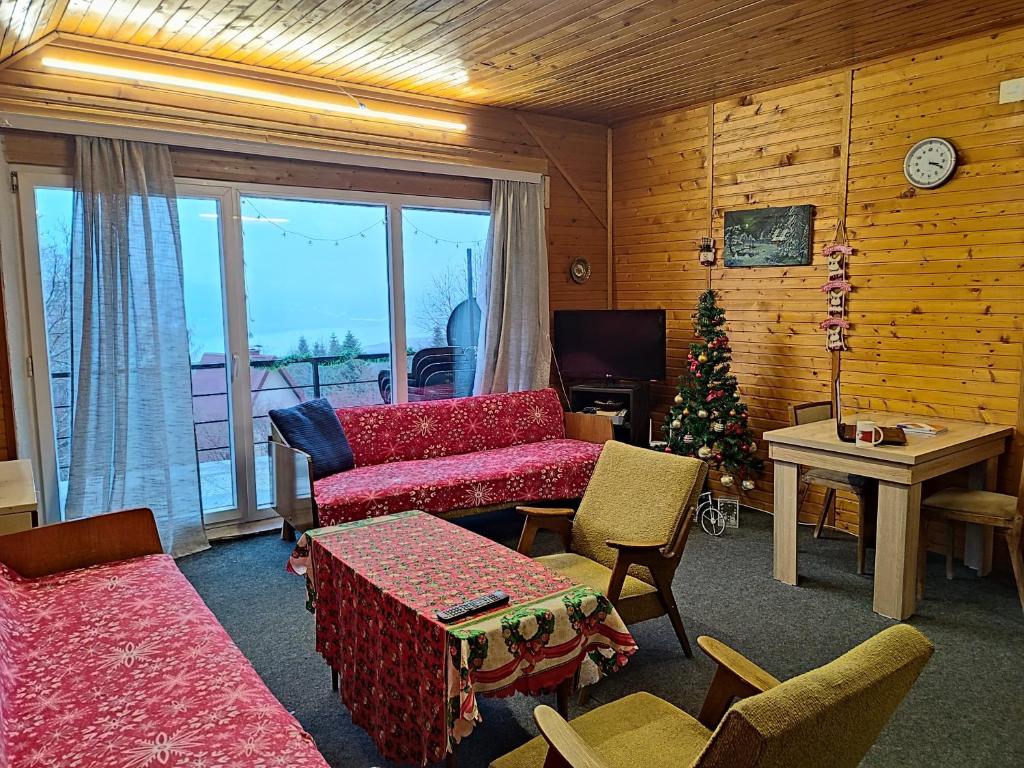 a living room with a christmas tree and a couch at Mountain Lodge - Mavrovo in Mavrovo