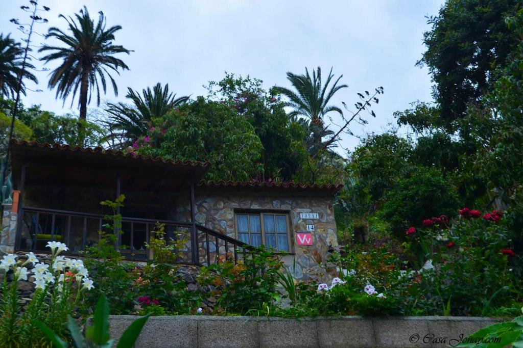 una pequeña casa de piedra con flores y plantas en One bedroom chalet with terrace and wifi at Hermigua 3 km away from the beach, en Hermigua