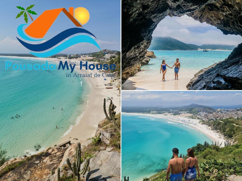 a collage of photos of the beach and the ocean at Pousada My House Arraial do Cabo in Arraial do Cabo