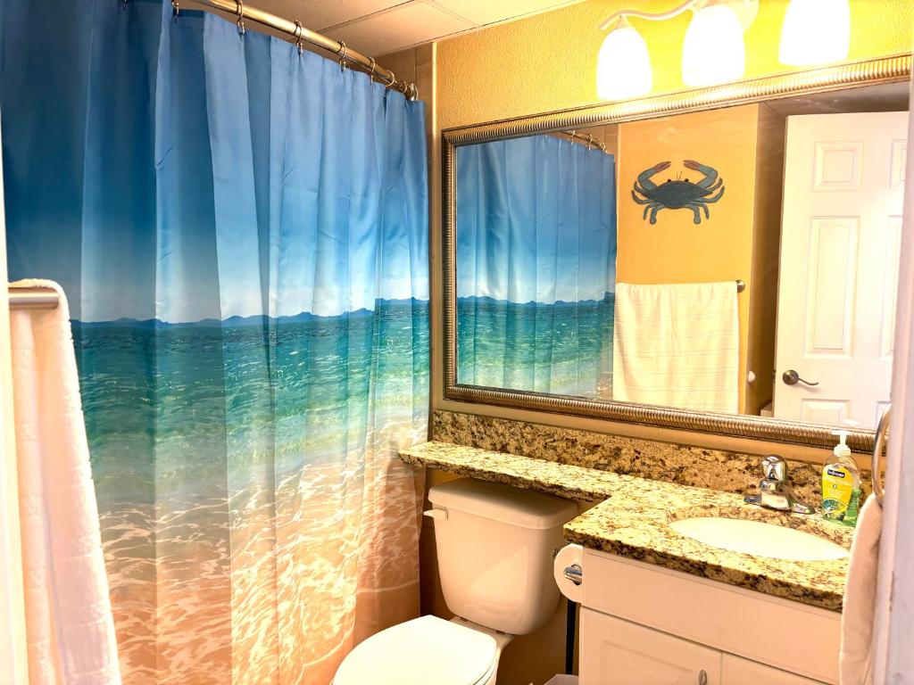 a bathroom with a toilet and a sink and a mirror at Beautiful newly renovated beachfront condo at Casa Del Mars in Galveston