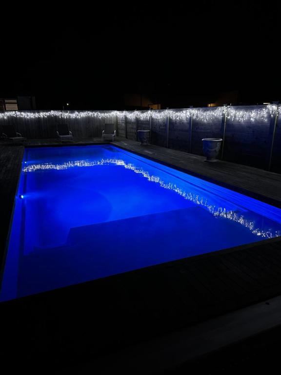 a swimming pool with blue illumination at night at Luxury Poolside Studio Near Hobbiton in Matamata