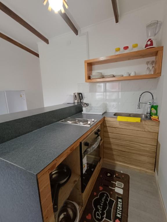 a small kitchen with a stove and a counter top at Punto clave 3 in Ancud