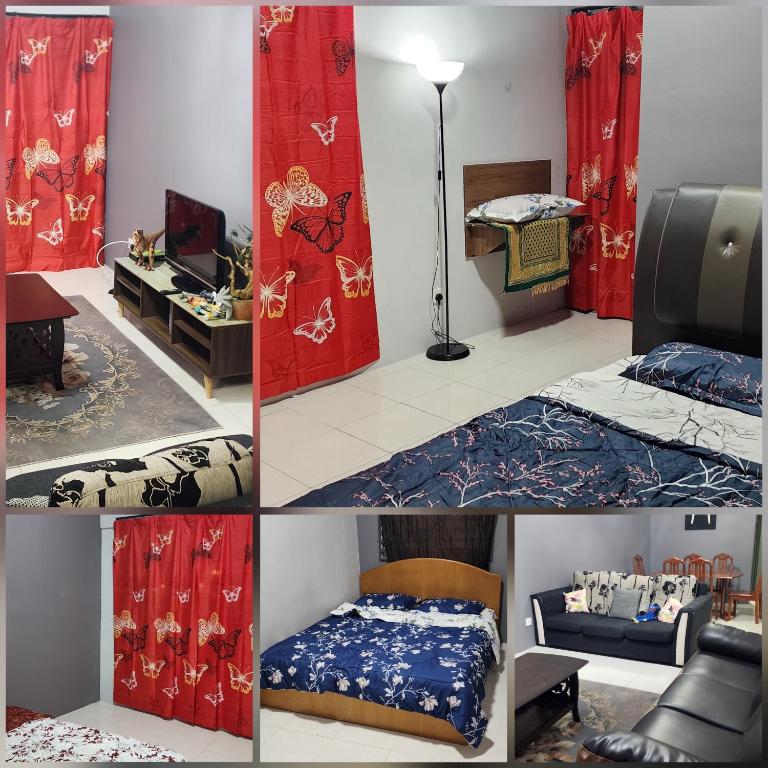 a collage of four pictures of a room with a bed and curtains at Noors Family 3 bedroom Homestay Tanah Rata in Tanah Rata