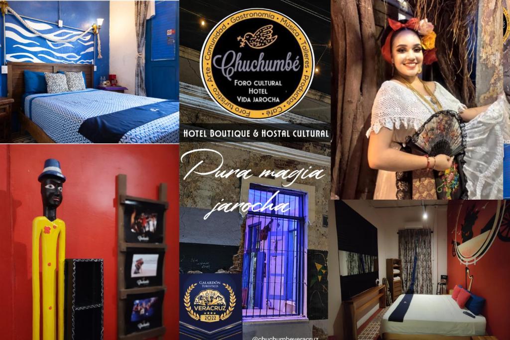 a collage of photos of a hotel room with a woman at Chuchumbé Hotel & Hostal in Veracruz