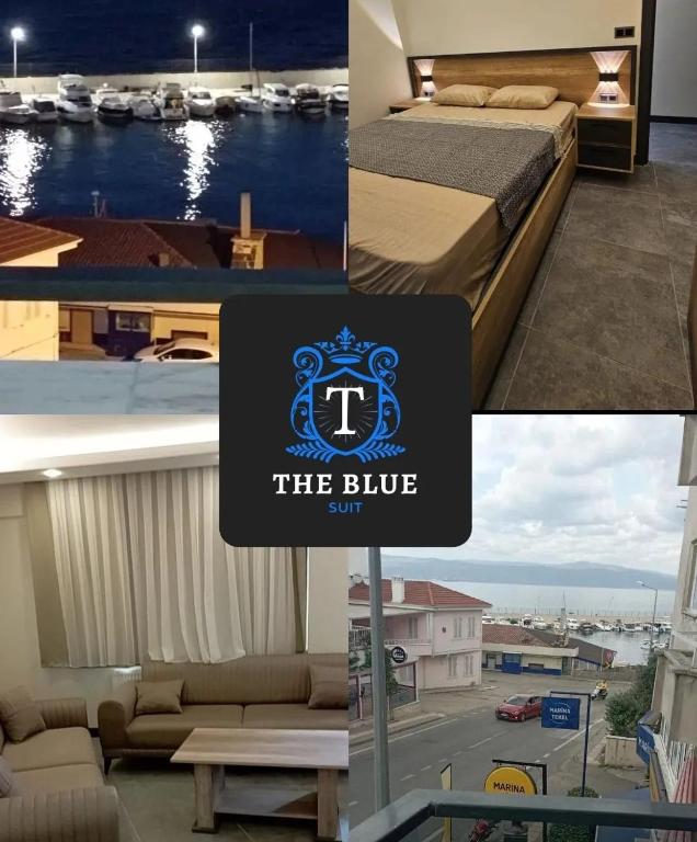 a collage of photos of a hotel room with a blue suite at The Blue House in Burgaz