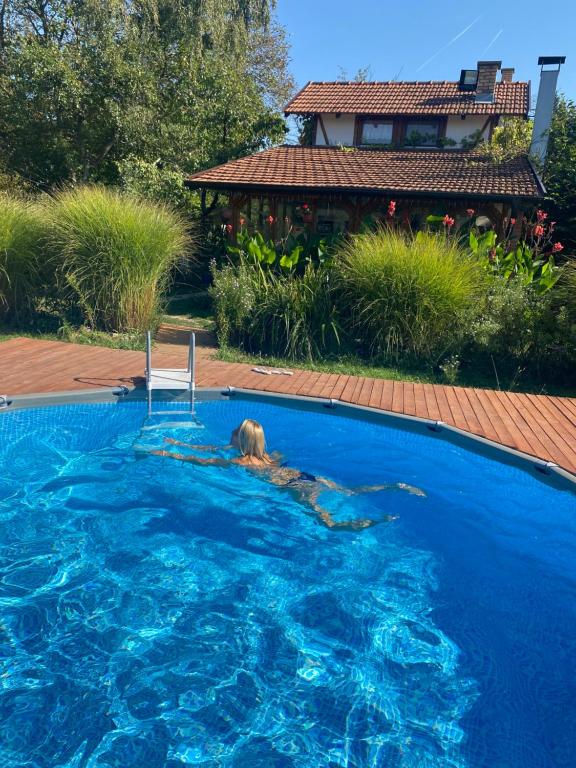 ヤゴディナにあるMorava Garden Resortの犬がスイミングプールで泳いでいる