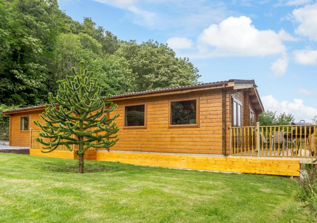 a small log cabin with a tree in the yard at Riverview Lodge in Llanddulas