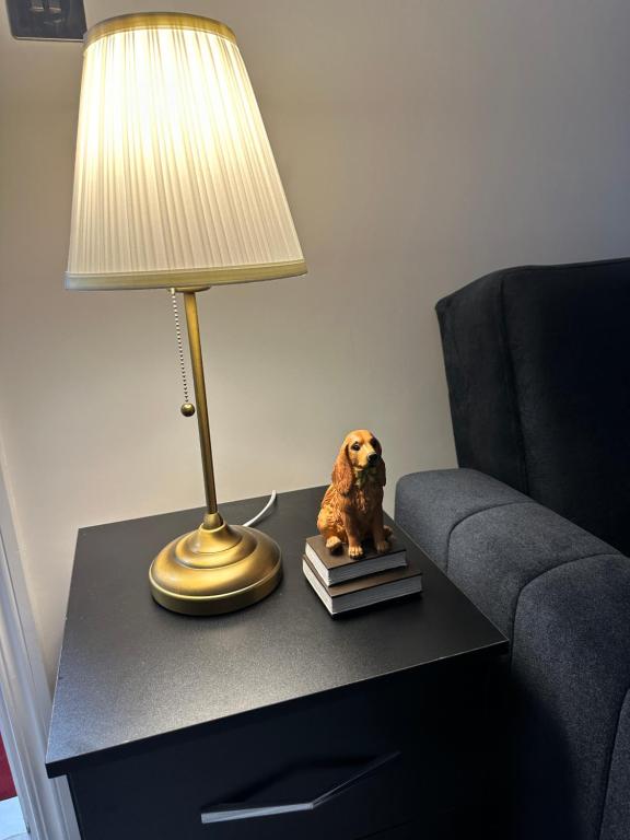 a table with a lamp and a toy dog sitting on books at Guest&rest Ealing 5 in Ealing