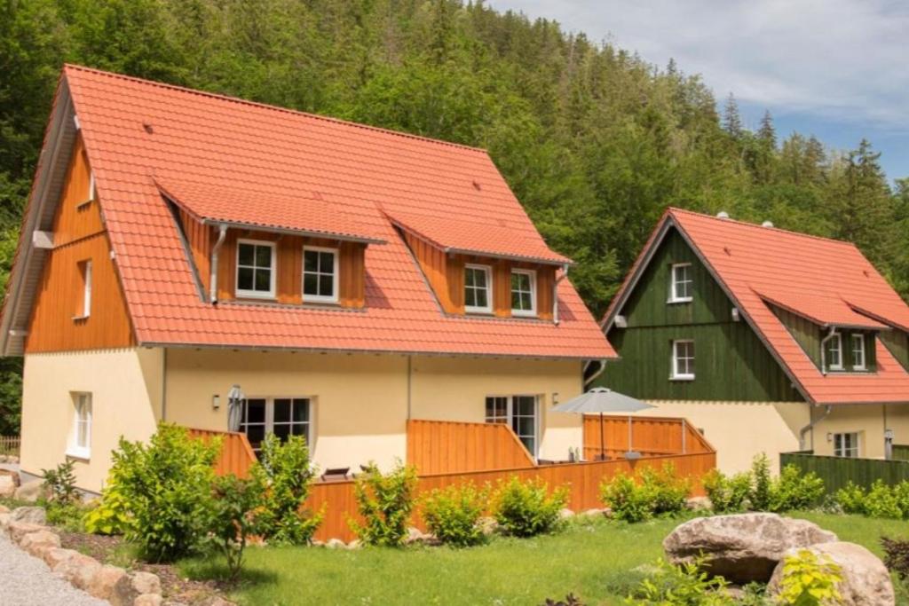een groot huis met een oranje dak bij Ferienhäuser Ilsestein Doppelhaus, 100 qm, 3 Schlafzimmer in Ilsenburg