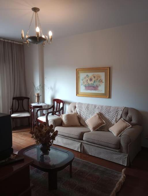 a living room with a couch and a table at Apartamento no Centro de São Lourenço in São Lourenço