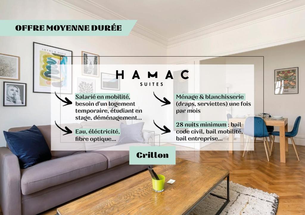- un salon avec un canapé et un mur avec des mots dans l'établissement Hamac Suites - Suite Crillon, à Lyon