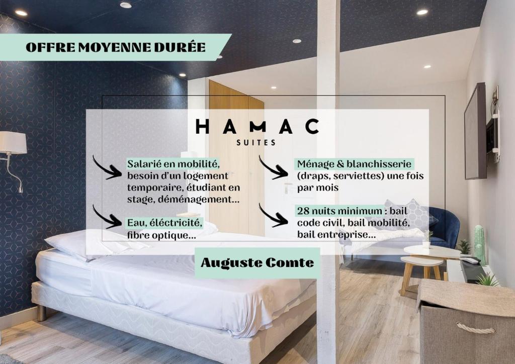 une chambre avec un lit et un panneau indiquant hamsa dans l'établissement Auguste Comte - Studio tout équipé - Cœur de Lyon, à Lyon