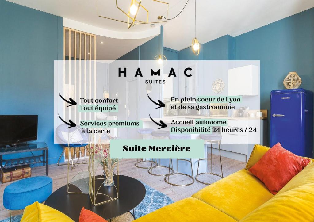 uma sala de estar com um sofá amarelo e uma mesa em Hamac Suites - Le Mercière - Centre Lyon II -6pers em Lyon