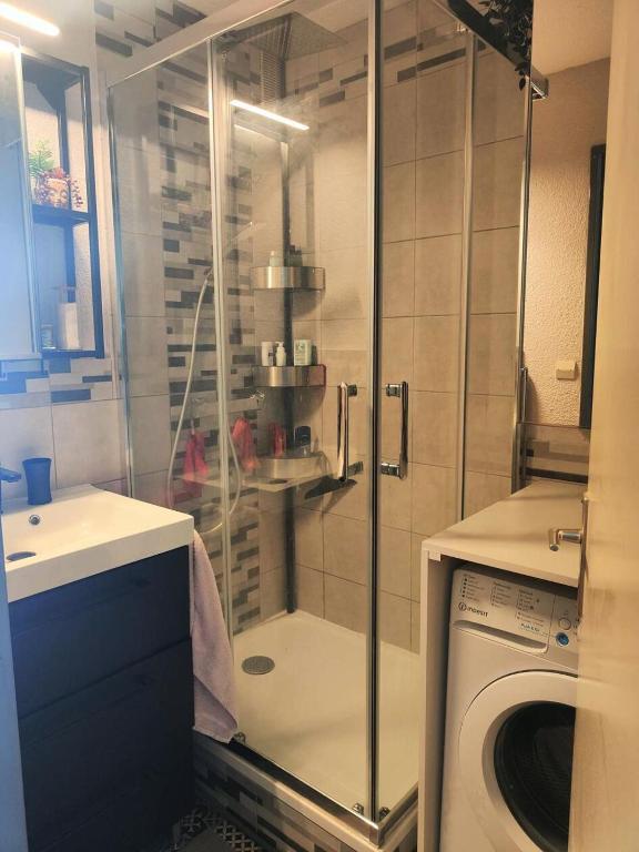 a bathroom with a shower and a washing machine at Résidence Pointe Vermeille - 2 Pièces pour 6 Personnes 984 in Le Barcarès