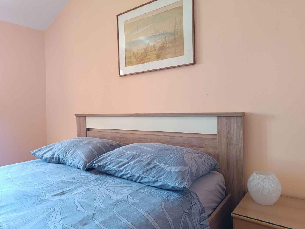 a bed with blue pillows and a picture on the wall at Holiday home in Moscenice 15209 in Mošćenice