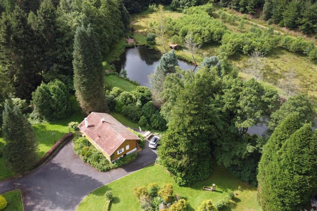 an aerial view of a house with a lake at Chalet au bord de l’eau in Saint-Quirin