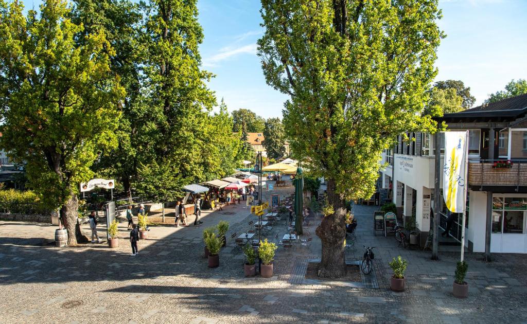 une rue dans une ville avec des arbres et des tables dans l'établissement FEWO Hafenblick, à Lübbenau