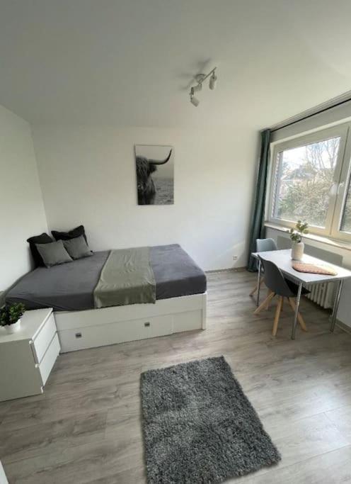 Schlafzimmer mit einem Bett, einem Schreibtisch und einem Fenster in der Unterkunft 1-Raum-Apartment Nähe Hochschule Niederrhein in Mönchengladbach