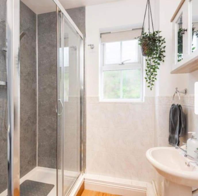 a bathroom with a shower and a sink at Beautiful Large Property, Sleeps 9 Walking Distance to the Sea , Beaches and Restaurants Fantastic Interior in Lyme Regis