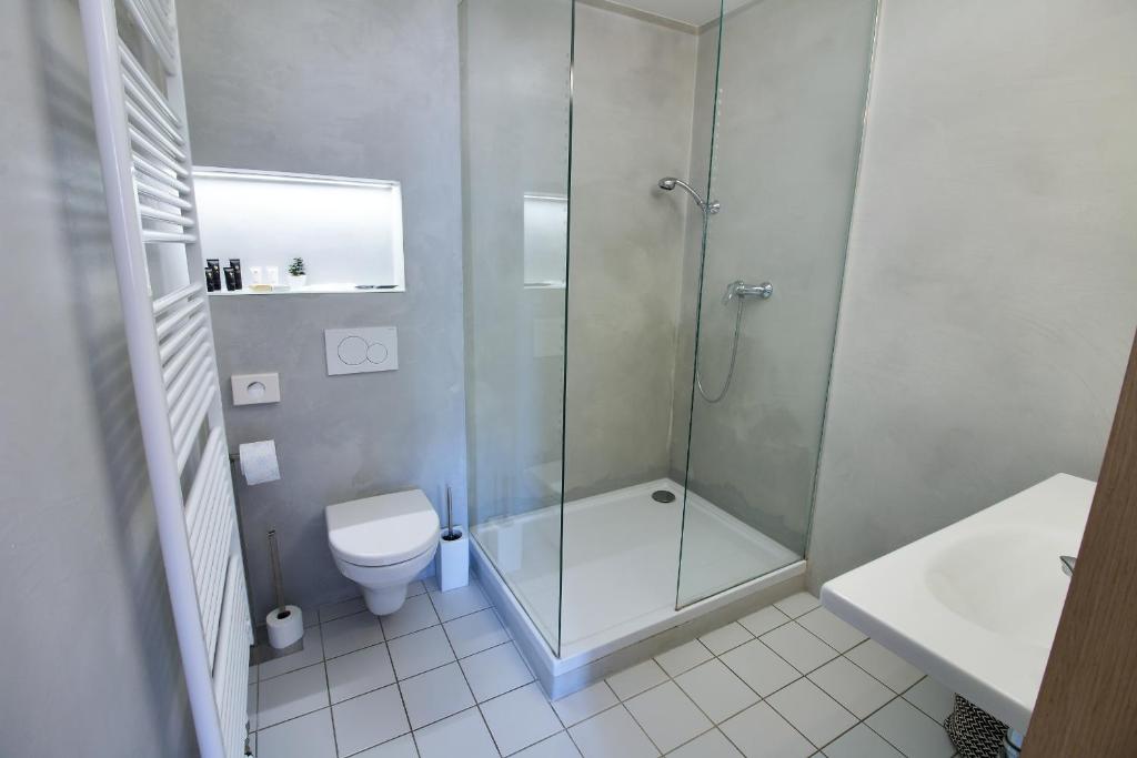 a bathroom with a shower and a toilet at Hotel 100 in Pardubice