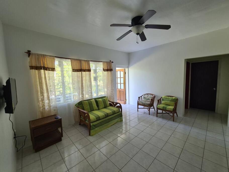 a living room with a green couch and a ceiling fan at Montserrat Mountain View Retreat in Cudjoe Head