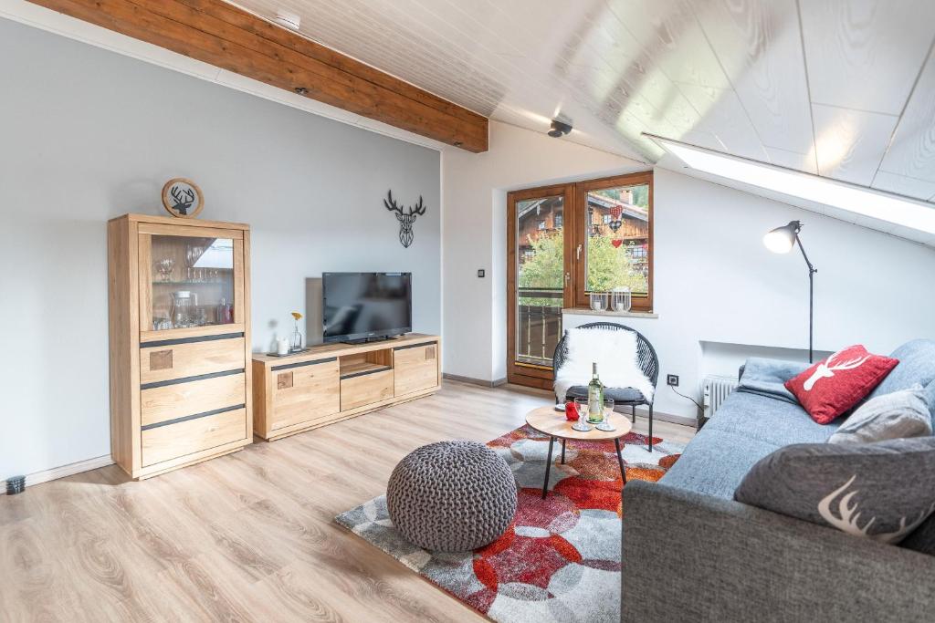 ein Wohnzimmer mit einem Sofa und einem TV in der Unterkunft Burg-Berg-Blick in Burgberg