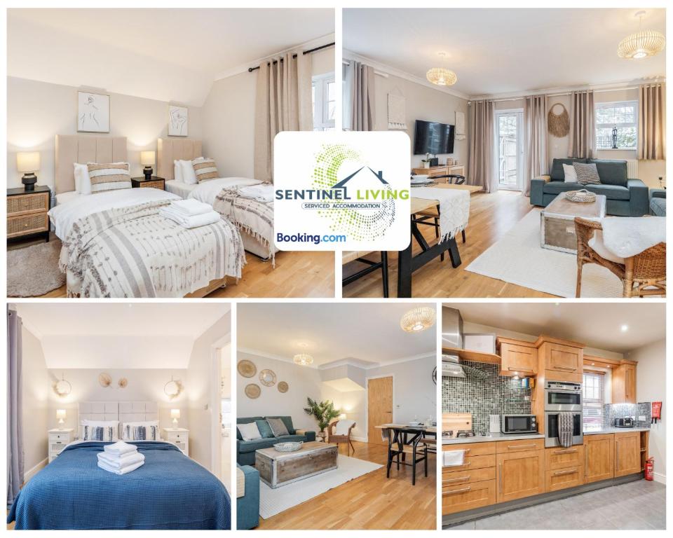 a collage of photos of a bedroom and a living room at Pet Friendly Spacious Townhouse By Sentinel Living Short Lets & Serviced Accommodation Windsor Ascot Maidenhead With Free Parking in Winkfield
