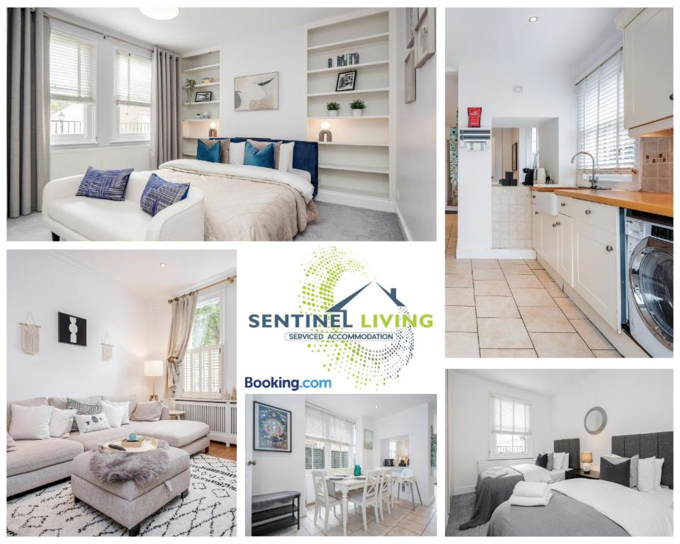 a collage of photos of a kitchen and a living room at Beautiful 3 BDR House in Windsor Town By Sentinel Living Short Lets & Serviced Accommodation Windsor Ascot Maidenhead With Pet Friendly & Superfast Wifi in Windsor