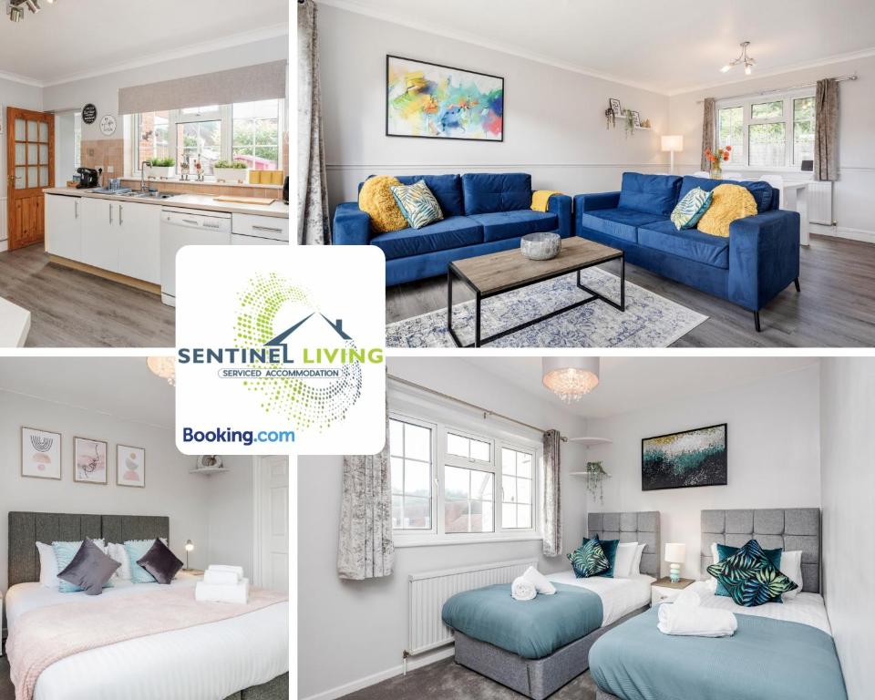 a living room and a kitchen with a blue couch at Ascot, Pet Friendly, Detached 4 Bedroom House By Sentinel Living Short Lets & Serviced Accommodation Windsor Ascot Maidenhead With Free Parking in Ascot