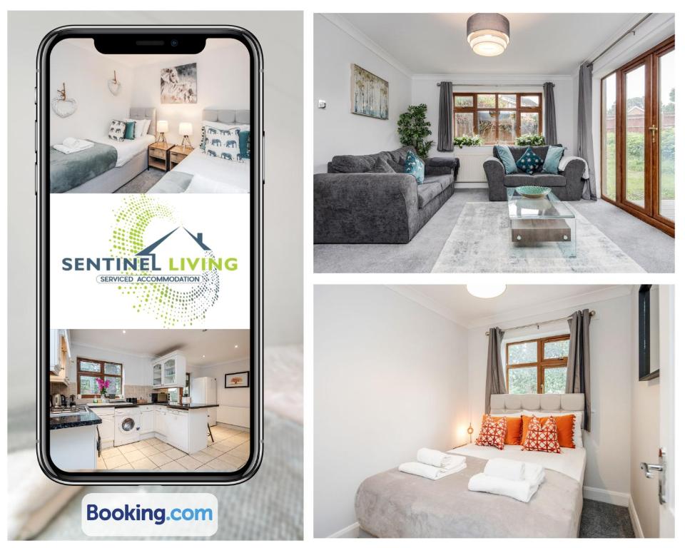 a collage of photos of a living room and a living room at 4 Bedroom House By Sentinel Living Short Lets & Serviced Accommodation Windsor Ascot Maidenhead With Free Parking & Pet Friendly in Maidenhead