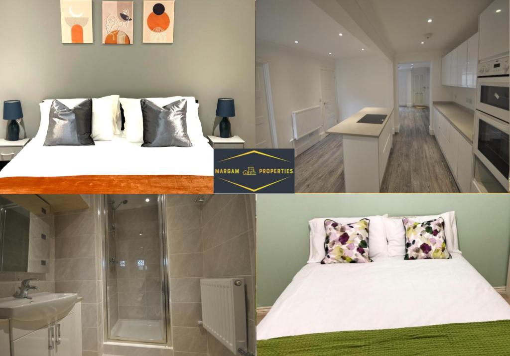 two pictures of a bedroom with a bed and a sink at Margam's London Road Luxury Flat for Business Travellers, Relocator and Families with FREE Parking, High Speed Internet and fully equipped kitchen in Cheltenham